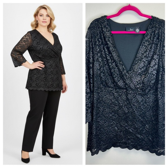 java Tops - Goth Whimsigoth Witchy Evening Black Lace Vneck Top Dress Event Plus Size Top 3X